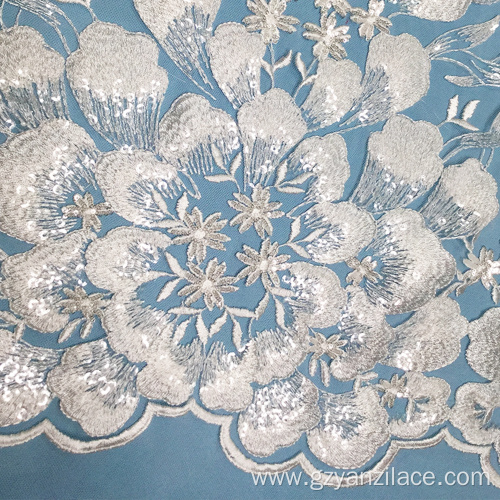 White Flower Sequin Embroidry Tulle Lace Fabric